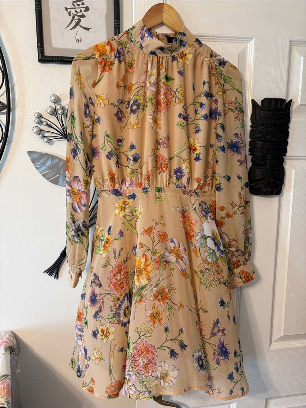 Beige Floral High-Neck Long-Sleeve Mini Dress